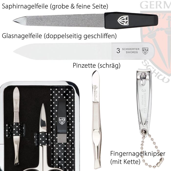 Набір для манікюру Drei Schwertter 'Genova' 6 предметів | Чорний лакований шкірозамінник з крапками | Ніж для нігтів, ножиці для кутикули, кусачки для нігтів, скляна пилка для нігтів, пінцет, алмазна пилка для нігтів