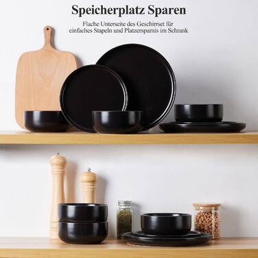 Набір посуду Joyfair на 6 осіб, 18 предметів: тарілки, миски, десертні тарілки, чорний колір, кераміка, для посудомийної машини та мікрохвильової печі