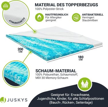 Juskys Topper 180x200 cm Memory Foam Topper, 7-Zone Orthopedic & Breathable, 7cm Height, H2 - H3 Firmness, Washable Cover - Mattress Topper, Mattress Pad