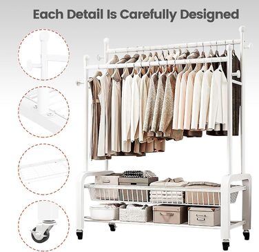 Стійка для одягу на колесах, двоярусна, з двома перекладинами (біла)