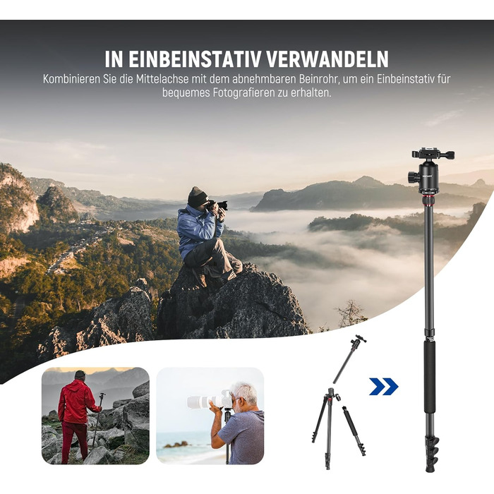 Штатив NEEWER 77' з алюмінію, монопод для DSLR та телефону, 360° кулькова головка, 2-осьова центральна колона, Arca QR пластина, сумка, портативний, вантажопідйомність 15,4 кг, TP77