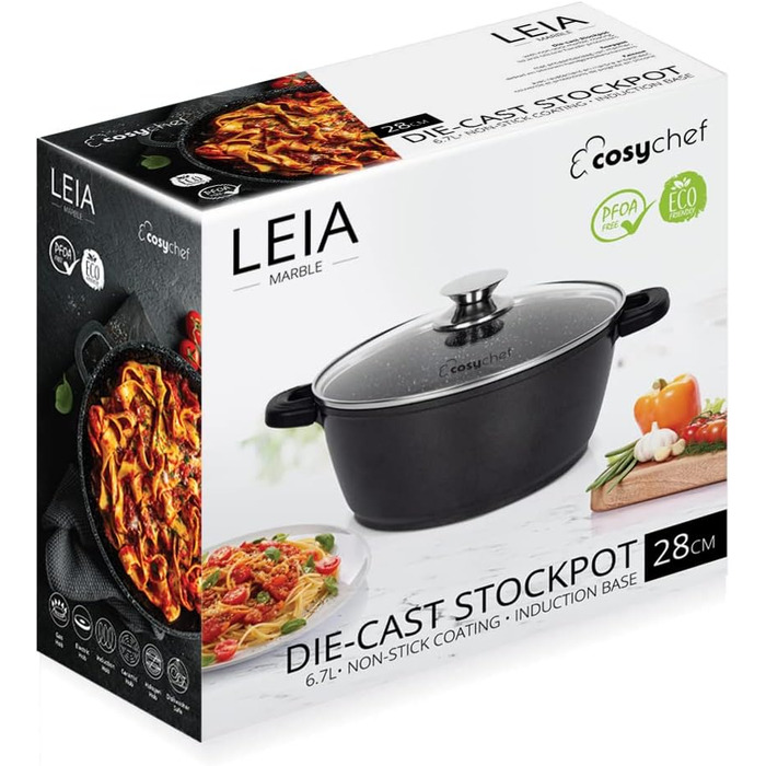 Набір каструль CosyChef Leia 28 см, 2 шт., з антипригарним покриттям та скляною кришкою, для всіх типів плит, індукційна, PFOA-free
