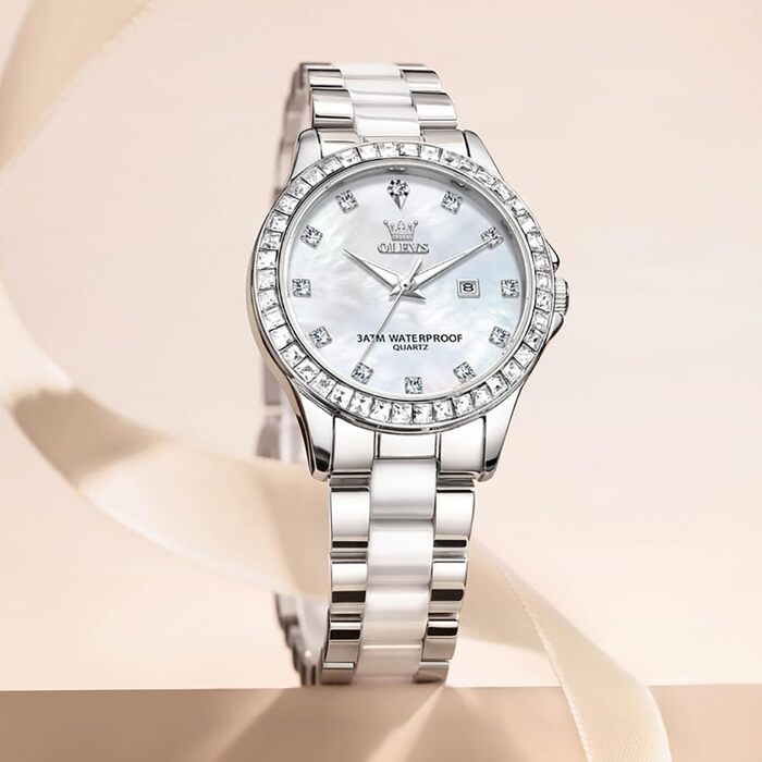 Годинник жіночий OLEVS з діамантами, елегантний, дорогий, на браслеті з рожевого золота, з керамічним склом (3651 Silver)