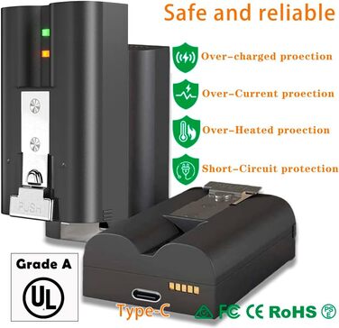 Зарядний пристрій для акумуляторів Ring (3 шт., 6040 mAh) з LED-дисплеєм та Type-C кабелем, сумісний з Ring 2/3/4/Plus/Spotlight/Stick Up Cam. Чорний