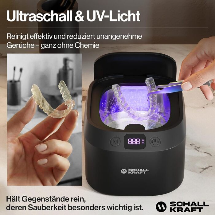Ультразвукова ванна для чищення 48 кГц з УФ-дезінфекцією, чорна - для ювелірних виробів, зубних кап, брекетів та іншого