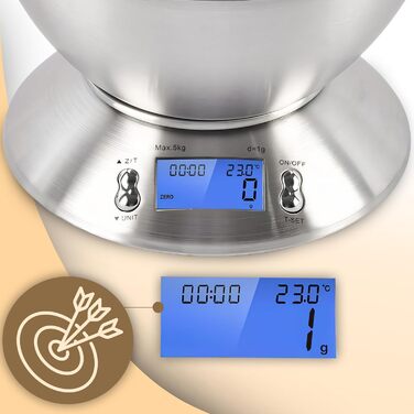 Кухонні ваги Retoo з мискою 1,8 л та LCD-дисплеєм, ваговий діапазон до 5 кг, точність до 1 г, електронні ваги з нержавіючої сталі, ваги з багатьма одиницями вимірювання та функціями