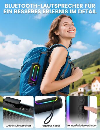 Портативна Bluetooth колонка UOHHBOE 30W з RGB підсвічуванням, TWS Stereo, 24 години роботи, IPX5 водонепроникність