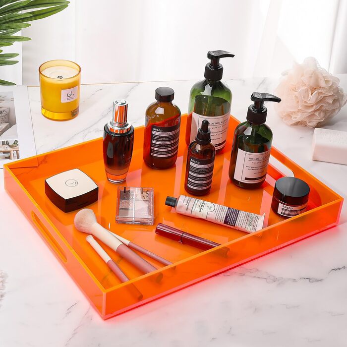 Large acrylic tray with handles, 43.2 x 33 cm, decorative serving platter for food, tea, dinner, snacks, meals, bar, party, neon orange
