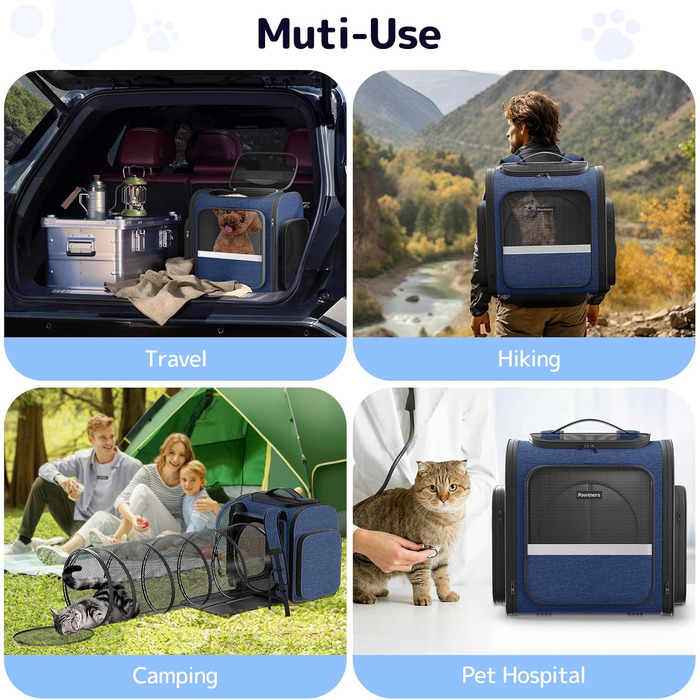Рюкзак для кота Pawtners з розширеним тунелем для ігор, схвалений авіакомпаніями, для собак та котів до 11,3 кг, складаний, блакитний (40 x 32 x 38 см)