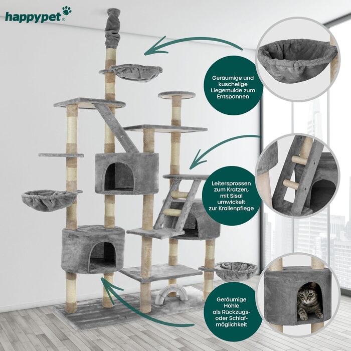 HAPPYPET Дряпка для котів 260 см – велика, стійка, для кількох котів, з аксесуарами, сіра