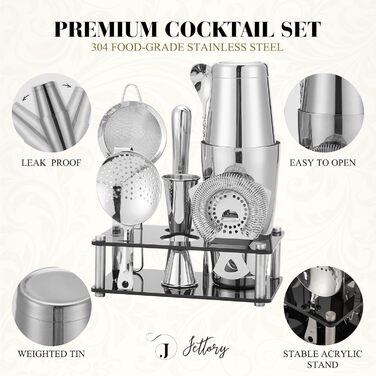 Boston Shaker Set – 10-Piece Stainless Steel Cocktail Shaker Set with Acrylic Base, Hawthorne Strainer, Ice Tongs, Bar Spoon, Jigger, Muddler – Perfect for the Home Bar (Silver)
