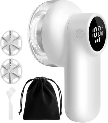 Електричний видалення ворсу ELZO - портативний, бездротовий, з LED-дисплеєм, 3 швидкості, 2 змінні насадки, для одягу, ковдр, білий