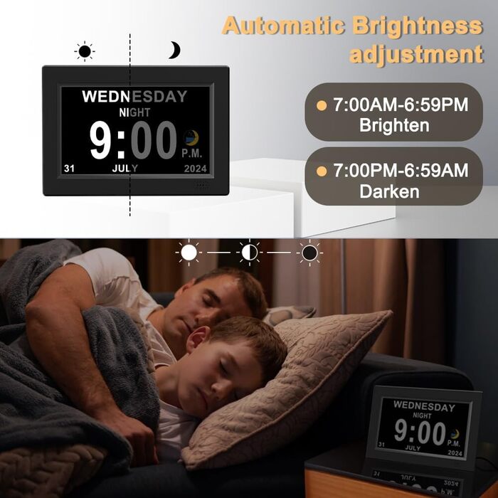 20.3 cm Extra Large Digital Alarm Clock with Limited Visibility, Day and Time for Seniors, Calendar Clock, Automatically Dimming Clock
