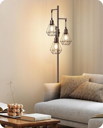 LED торшер Edishine для вітальні, 3 лампи, ретро стиль, диммування, 4W E27, регулювання поворотною ручкою, індустріальний дизайн, металевий абажур-сітка, 2700K, висота 166 см, колір: коричневий