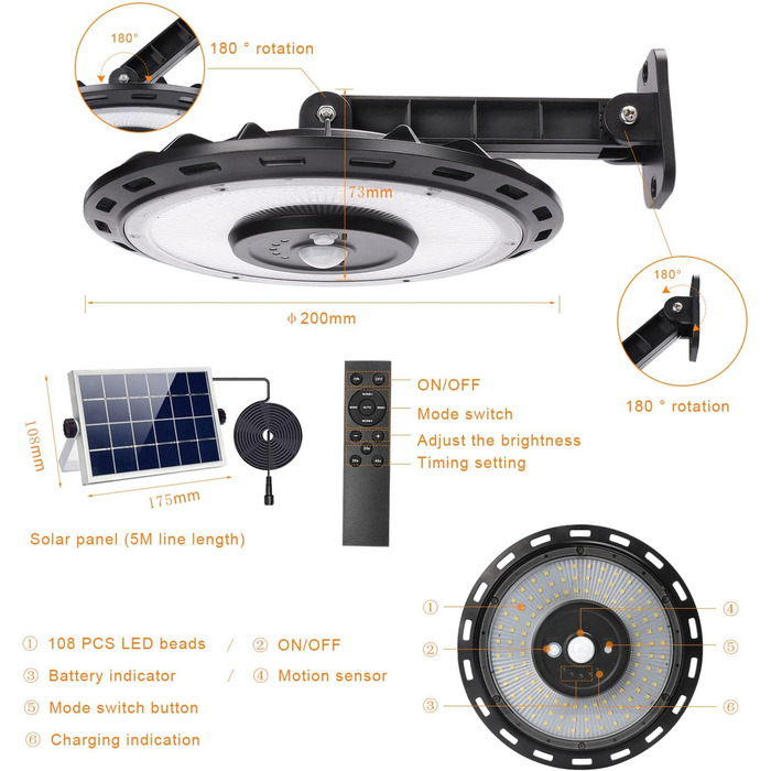 Solar Lamps for Indoor/Outdoor Use, 1200LM 108LED 5M Cable Solar Hanging Lights with Remote Control, Solar Hanging Lamp with Motion Sensor, 5 Modes, IP65 Solar Lights for Carport, Pavilion, Chicken Coop, Camping