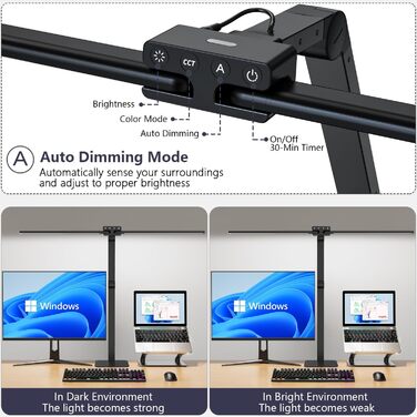 LED лампа для столу KableRika з двома головками: 24W, регульована яскравість, захист очей, для офісу та дому, сучасна лампа-світлодіод для монітора, білий (чорний)
