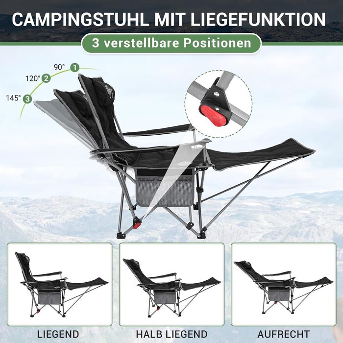 Кемпінговий стілець-шезлонг WEJOY 2-в-1, складний, з регульованою спинкою та підставкою для ніг, чорний (2 шт.)