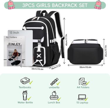 Шкільний рюкзак Tanou для дівчаток-підлітків, великий, стильний, водонепроникний, 9-18 років, з ременем для візка, чорний