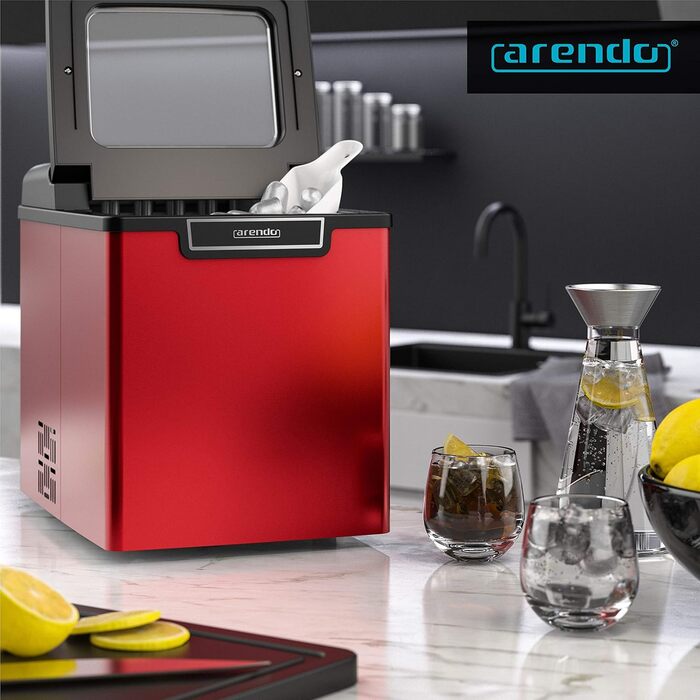Stainless steel ice maker, ice cube maker, ice maker machine 1.8 Liter ice cube maker, ice cream machine with cooling, ice cube sizes small and large, status LEDs ABS BPA free, silver stainless steel (D: Red)