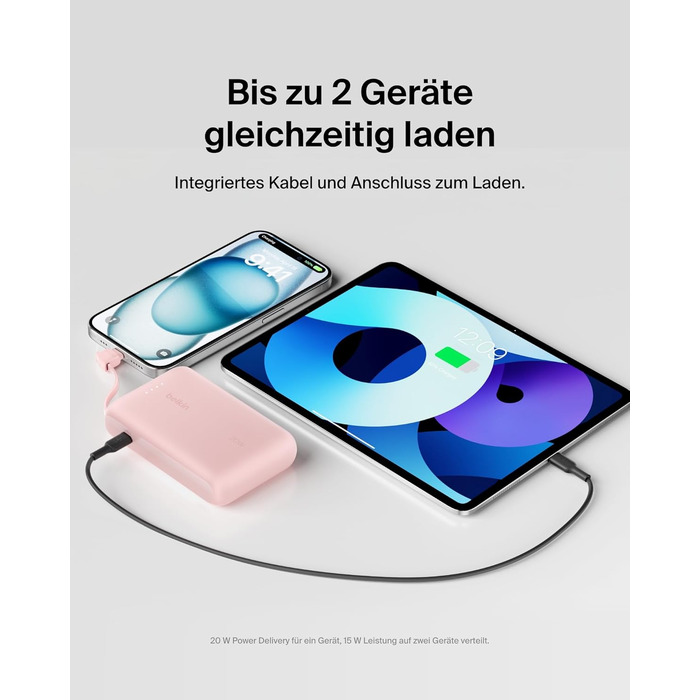 Повербанк Belkin BoostCharge 10000mAh з вбудованим кабелем USB-C, 20W, LED-індикатором, рожевий