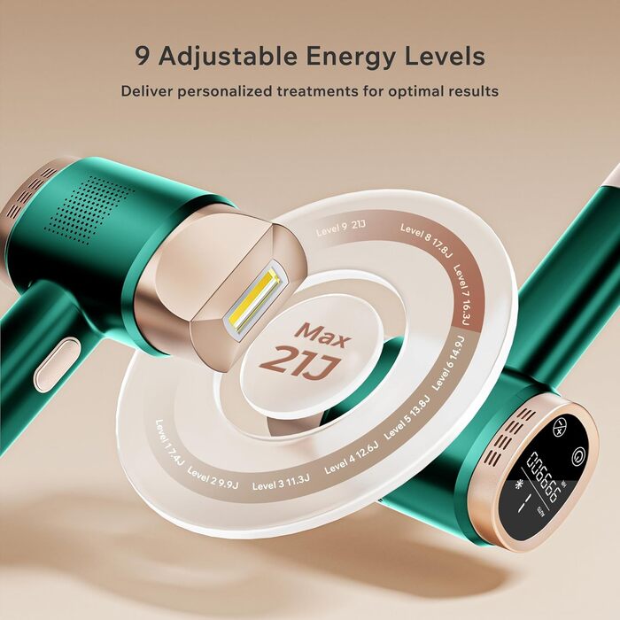 Пристрій для епіляції IPL, лазерний епілятор з 9 рівнями потужності, 600 нм червоне світло, LCD-сенсорний екран, для жінок та чоловіків, обличчя, бікіні-зона, тіло, зелений