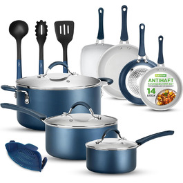 NutriChef 14-Piece Induction Cookware Set & Frypan Set, PFOA/PFOS-Free, Non-Stick Coated, Cookware Set, Pots & Pan Sets, Aluminum with Stainless Steel Edges – Cookware Set for all Blue Heat Stoves
