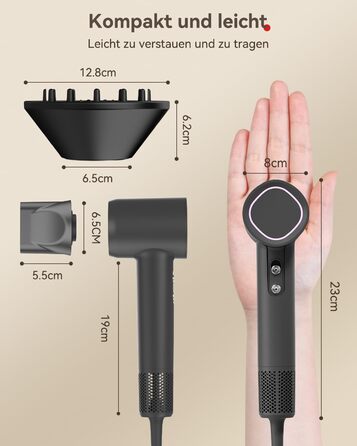 Фен з дифузором, потужний фен з мотором 160 000 об/хв, іонізатор, 500 млн негативних іонів, для подорожей та дому (сірий), сірий дифузор