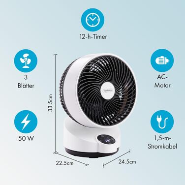 Вентилятор циркуляції повітря VonHaus 8100084 – тихий настільний вентилятор з 3 швидкостями, 3 режимами, пульт дистанційного керування, таймером 12 годин, кутом повороту 60°, LED-дисплеєм та 3 лопатями для дому та офісу