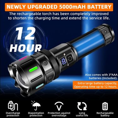 LED ліхтарик на акумуляторі, надзвичайно яскравий 1200000 люмен, з функцією зуму, тактичний, з 5 режимами світла, водонепроникний IP67, для кемпінгу, риболовлі, походів, активного відпочинку, чорний