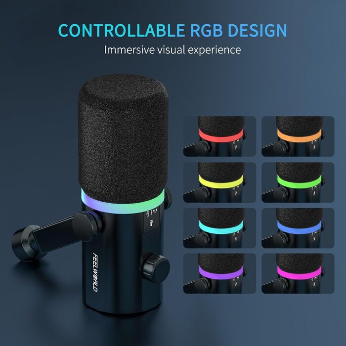 FEELWORLD PM1 Динамічний мікрофон XLR/USB з RGB-підсвічуванням для запису подкастів, геймінгу та YouTube. Комплект з підсвічуванням, навушником, підставкою та XLR-кабелем