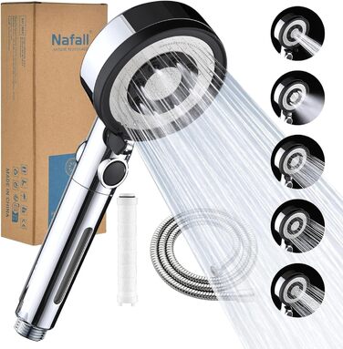 Fall Shower Head with Filter - High-Pressure Handheld Showerhead, Water-Saving with 1.5M Hose, Shower Head with 5 Spray Patterns and Stop Function, Shower Head with Hose, Chrome