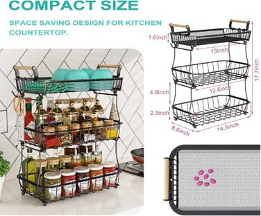 3-Tier Fruit Basket with 2 Banana Hangers for Kitchen Countertop, Vegetable Counter, Storage Holder, Large Capacity, Metal Wire, Fruit Stand, Organizer for Onion, Snack, Black