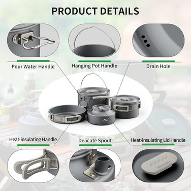 Набір посуду Naturehike для кемпінгу та приготування їжі на 2-7 осіб: каструлі, сковорідки для кемпінгу, пікніків та BBQ