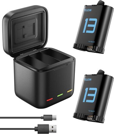 Акумулятори TELESIN 2 шт. з зарядним пристроєм для GoPro Hero 13 Black, сумісні з оригінальними акумуляторами, тризарядний USB-чохол з Type-C кабелем, акумуляторна сумка для Go Pro 13 Black