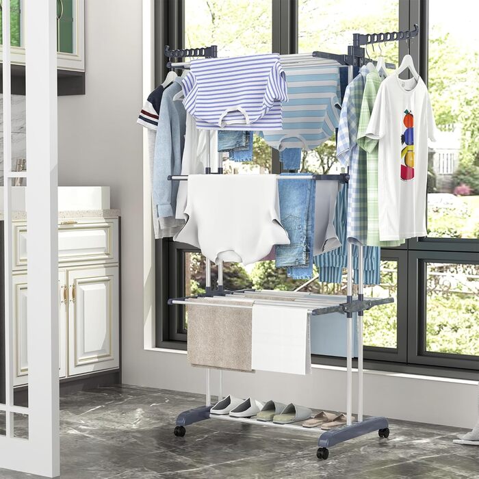 Сушарка для білизни Turm, турбо сушарка для білизни з 6 розкладних крил та 2 бічні крила, мобільна сушарка для білизни з колесами для дому та вулиці (сіра)