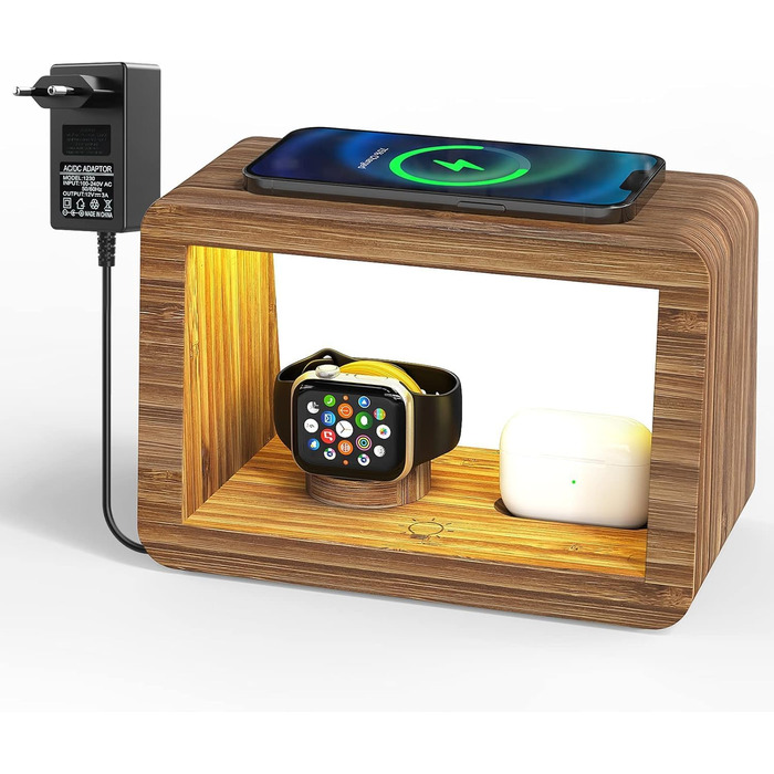 Багатофункціональна заряджна станція 5-в-1 з бездротовим зарядним пристроєм, світлодіодним нічником та годинником, бамбукова, сумісна з Apple Watch, AirPods, Samsung Galaxy та іншими пристроями