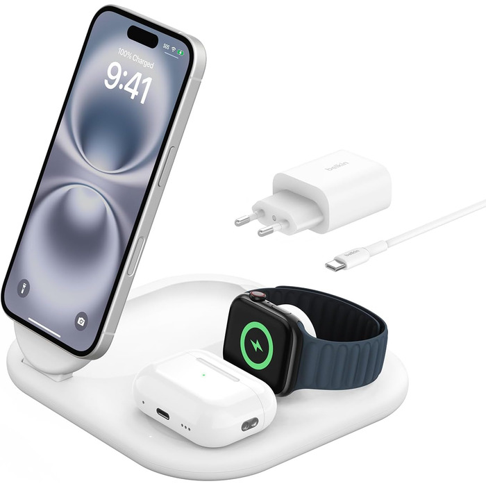 Зарядний пристрій Belkin BoostCharge 3-в-1 з підтримкою Qi2, 15 Вт, MagSafe, для iPhone, Apple Watch, AirPods