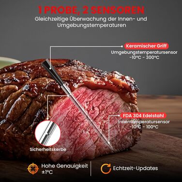 Бездротовий термометр для м'яса з двома датчиками, цифровий термометр для приготування страв з підключенням через додаток, Bluetooth, 150м, для гриля, кухні, барбекю, духовки, коптильні, ротатерії, фритюрниці, подарунок, чорний