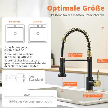 Змішувач кухонний AIMADI висувний, високого тиску, з 2 режимами (струмінь та туман), 360° обертання, одноlever, для кухонної мийки, чорний з золотом