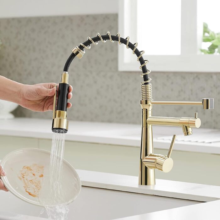 Змішувач кухонний LED з висувною насадкою, 360° поворот, 2 виходи, хром, для кухні, високий тиск, з підсвіткою, преміум-якість