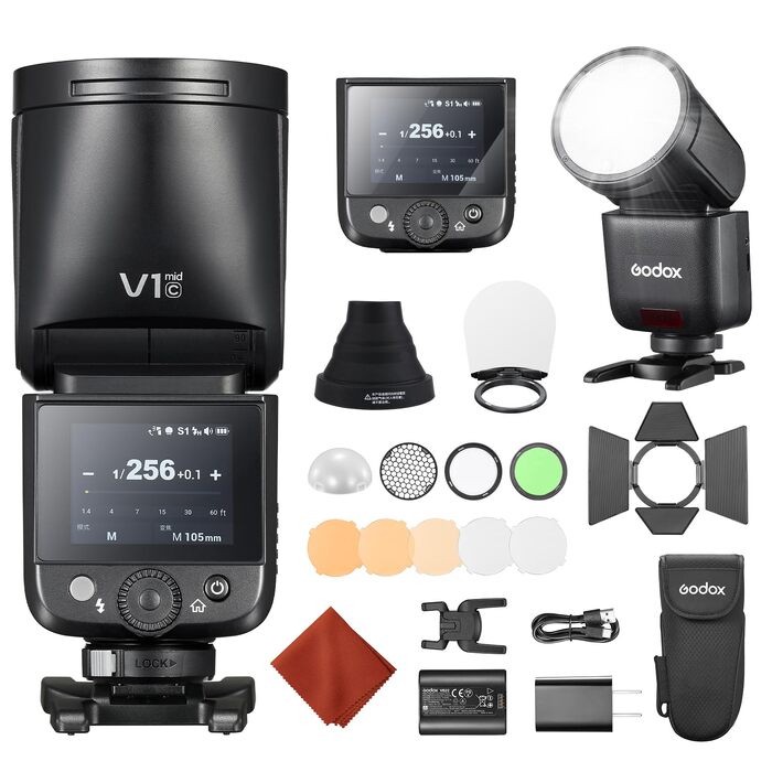 Спалах Godox V1 Mid-F для Fujifilm: круглоголовий Speedlite TTL, 55Вт/с, HSS 1/8000s, з кольоровим дисплеєм, USB-C та дифузором AK-R1 для XT-5, X-E1, XT-3