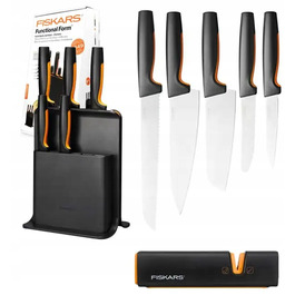 Набір ножів Fiskars Functional Form (5 предметів) у чорному підставці-блоці + точилка, 1057554