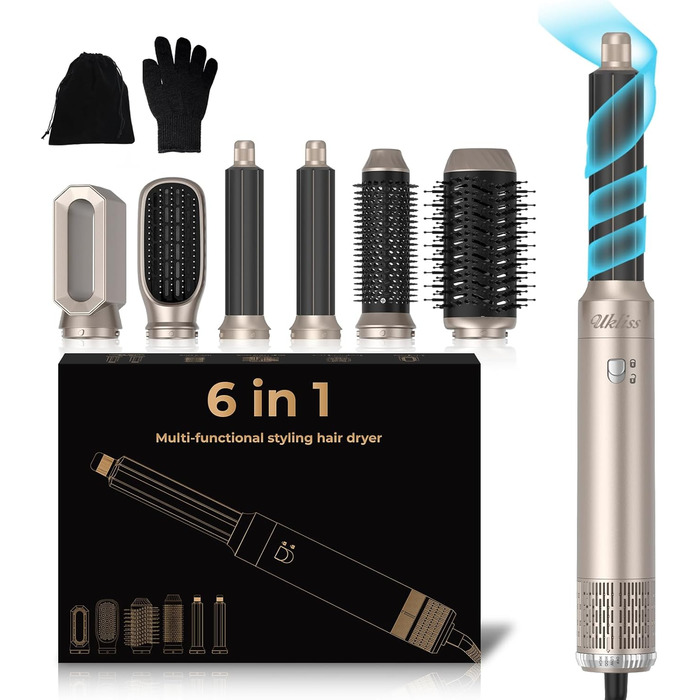 UKLISS Hairstyler 6 в 1 Airbrush: професійний набір для укладки волосся | 1000W | Air Curler, фен-щітка, стайлер для локонів, об'єму та випрямлення | Золотий