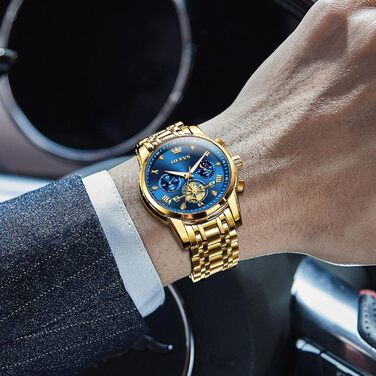 Годинник чоловічий OLEVS з хронографом, водостійкий, кварцовий, аналоговий, стильний, бізнес, з підсвічуванням, сталевий, великий циферблат (2856-блакитний циферблат/золотий ремінець)