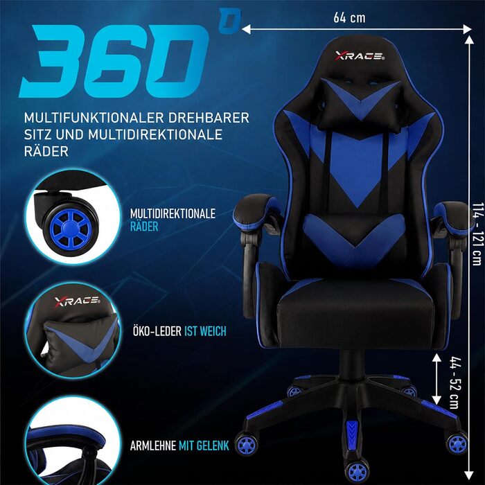 Ігрове крісло xRace Gaming: ергономічний офісний стілець з PU-шкіри та підтримкою попереку, синій (без підніжки)