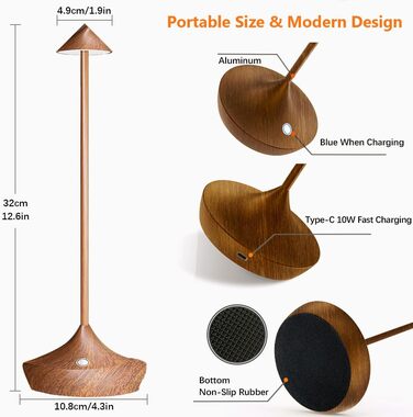 Світлодіодні акумуляторні настільні лампи Hapfish 2 шт, бездротові, диммуються, алюмінієві, водонепроникні, для дому, саду, ресторану (коричневі, дерев'яний колір)