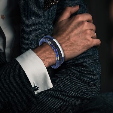 Браслет чоловічий шкіряний плетений Lederarmband з магнітною застібкою (синьо-срібний, 18.5 см)