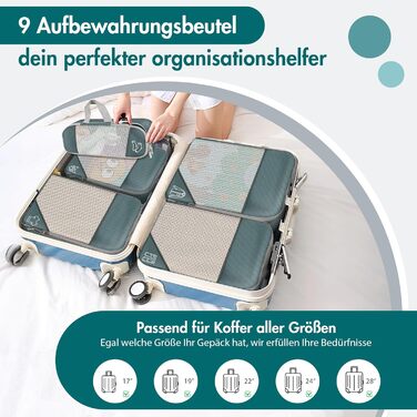 Органайзер для валізи, набір Packing Cubes (9 шт.) з компресією та чохлом для взуття, сірий. Водонепроникні та дихаючі кишені для подорожей та переїзду.