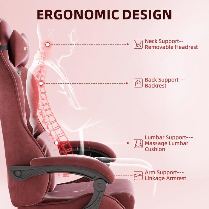 Геймерське крісло Ferghana Ergonomischer з підголівником та підтримкою спини, тканинне, червоне - для офісу та ігор