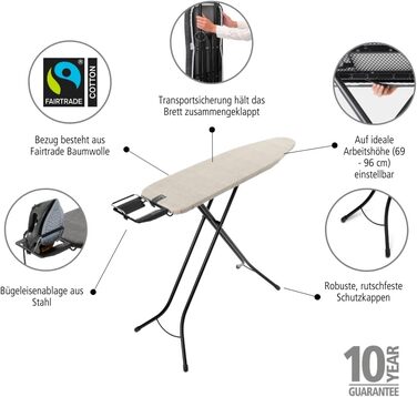 Прасувальна дошка Brabantia Bügelbrett B, 124 x 38 см, Fairtrade бавовна, стабільна, регульована по висоті, з підставкою для праски, Denim Grey